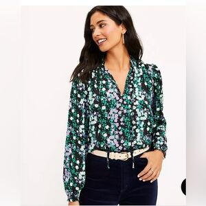 Loft Floral Ruffle Tie Neck Mixed Media Blouse - Large - Brand New